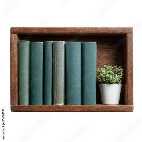 A stylish wooden shelf featuring neatly arranged green books alongside a small potted plant. Perfect for enhancing home decor and promoting a cozy reading atmosphere.