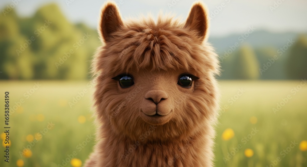 Naklejka premium A close-up portrait of a fluffy, brown llama with large, expressive eyes. It stands in a grassy field with a blurred green background