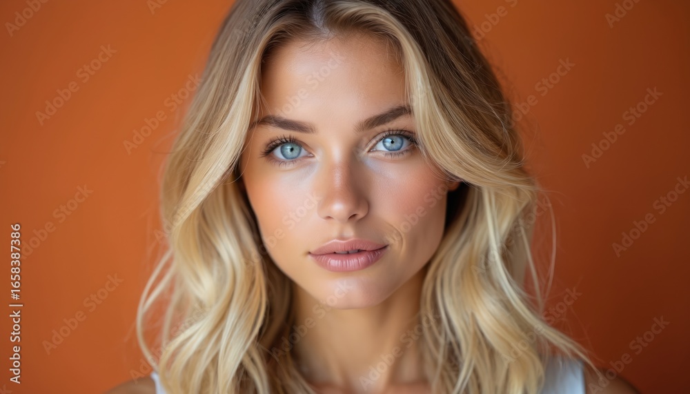 Close-up portrait of beautiful woman with wavy blonde hair, striking blue eyes against warm orange background. Natural beauty, simple elegance prominent, creating chic, minimalist aesthetic suitable Close-up portrait of beautiful woman with wavy blonde hair, striking blue eyes against warm orange background. Natural beauty, simple elegance prominent, creating chic, minimalist aesthetic suitable