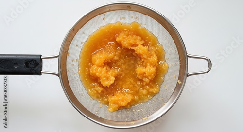 Orange mash in a metal sieve with a black handle on white gourmet, delicious, cuisine, food photography, background