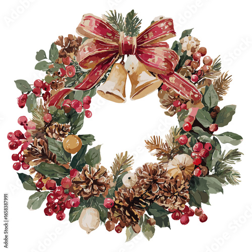 Holiday wreath decorated with pinecones, berries, and ribbons  