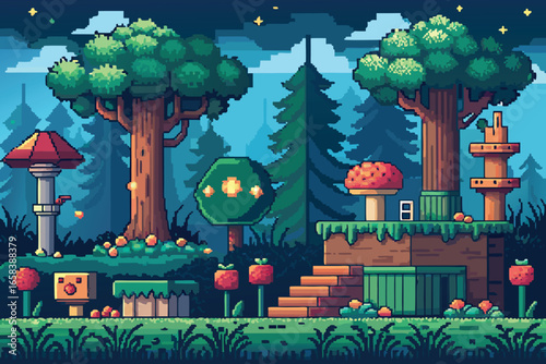 Enchanting pixel art forest scene with charming mushrooms and platforming elements at twilight