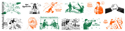 Business and teamwork concepts. Start Up and look for opportunities. Banner in hand drawn outline style for your company, management, strategy, negotiations, new horizons, success 