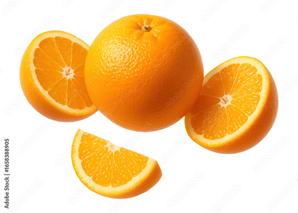 Fototapeta premium Whole orange fruit with halves and slices.