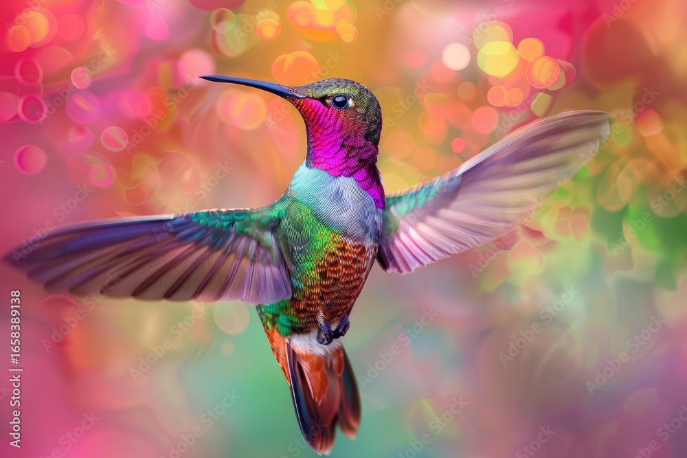 Obraz premium Small hummingbird with iridescent plumage hovering against a blurred background of rainbow bokeh