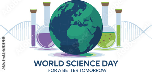 World Science Day for a Better Tomorrow Globe Beakers DNA on Transparent