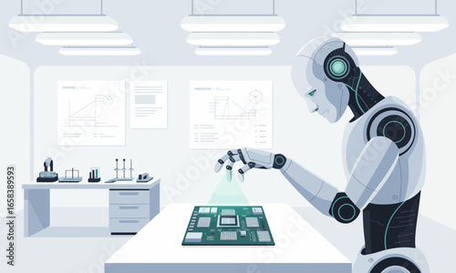 A futuristic robot examines a circuit board with a holographic display in a clean, modern laboratory environment with technical diagrams on the wall