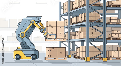 Automated warehouse operations robotic arm lifting boxes on pallets in a modern storage facility showcasing efficiency and innovation in logistics management