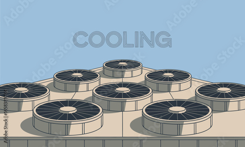 Cooling system illustration with industrial ventilation units on a rooftop against a blue sky background, air conditioning infrastructure and climate control
