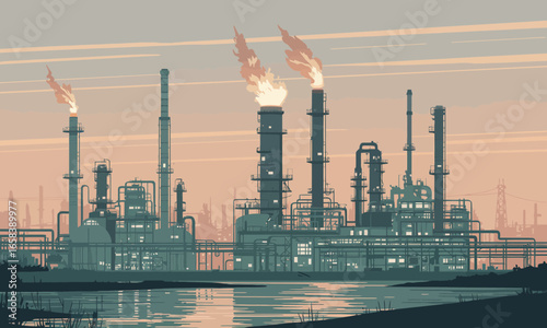 Industrial landscape illustration depicting a factory with tall smokestacks and reflective water, showcasing environmental concerns and urban development