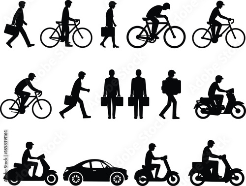 Silhouette Set of People Commuting, Walking, Biking, Running, Driving, Riding Motorbike, Urban Transportation Icons for Design, Business, and Apps