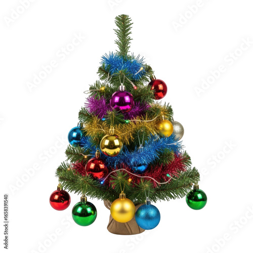 Small decorated christmas tree isolated on transparent background