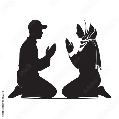 Vector art of muslim man and woman praying together in silhouette, isolated on white background
