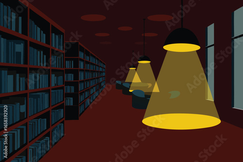 Flat design interior of a library with bookshelves creating a reading environment with lights and modern aesthetic