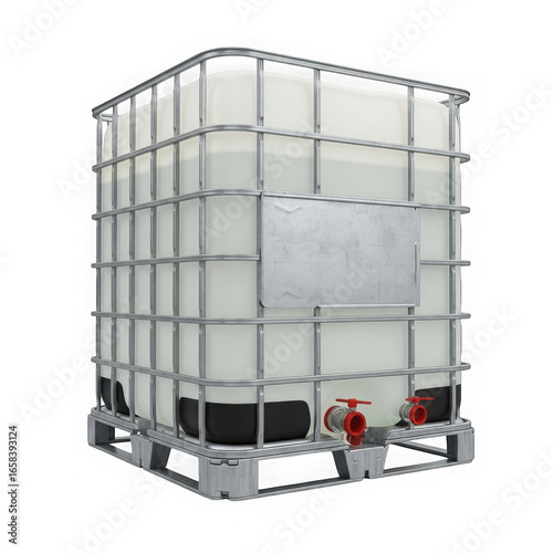 Industrial ibc tote tank with cage and valve isolated on transparent background