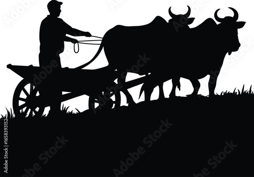 Working the land: a rustic vector of a farmer and his oxen pulling a cart.