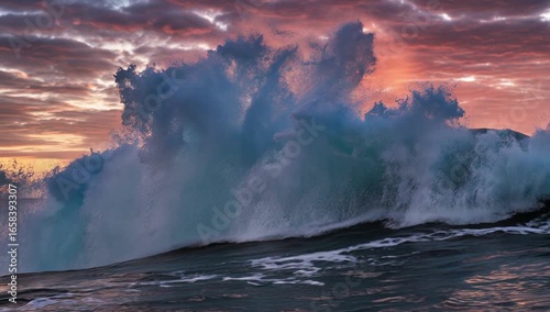wave with white foam, breaking in the ocean at sunset