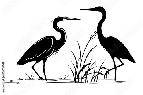 herons in water pool silhouette