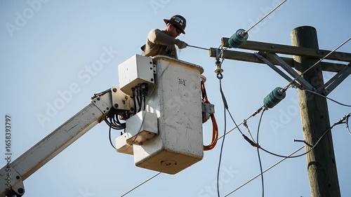 Lineman Working on Power Lines from an Aerial Lift