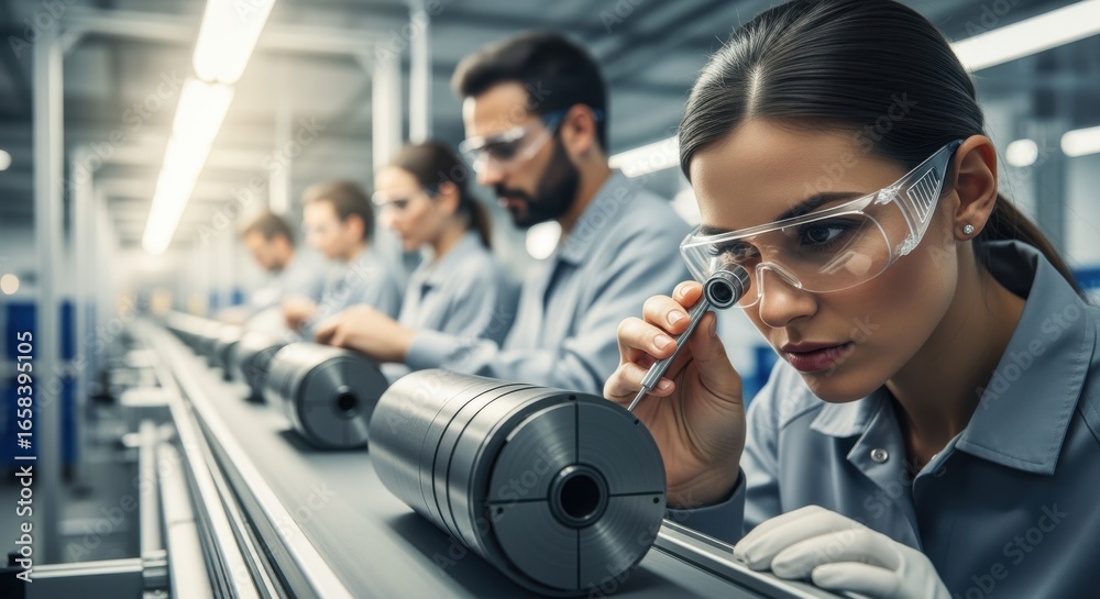 Fototapeta premium Engineers inspecting the lamination quality of underwater acoustic modem transducers as they move along a streamlined assembly line.