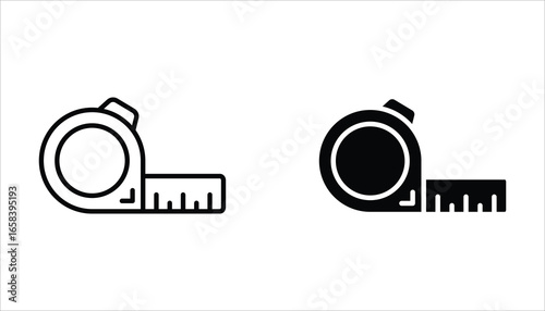 Measure tape line icon set. Rolled in outline and solid styles. Ideal for sewing, clothing, fashion design, DIY tools, and measurement-related graphics. vector illustration on white background