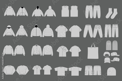 Streetwear Vector Apparel Mockup Set Collection | T-shirt Hoodie Joggers Trucker Jacket Shorts Sweater Pant Hat Work Jacket Sock Tee Mockup Design Template Illustration CAD