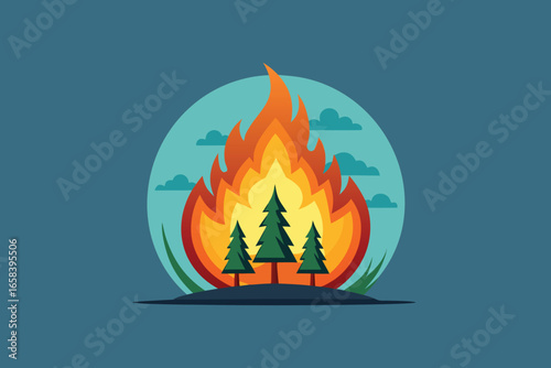 Forest fire illustration depicting flames consuming trees depicted in a stylized vector graphic