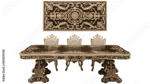 Elaborate dining table with three chairs and decorative wall hanging ornate antique