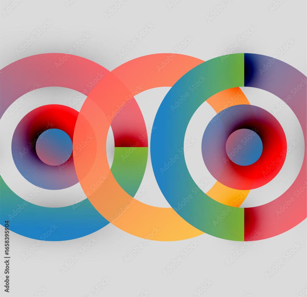 Obraz premium Abstract colorful circles overlap, creating vibrant visual effect. Gradient hues blend smoothly, forming modern design.