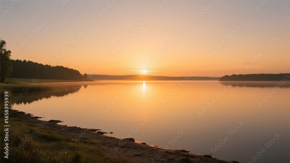 Sunset Over a Calm Lake with Reflective Waters and Silhouetted Trees Sunset Over a Calm Lake with Reflective Waters and Silhouetted Trees