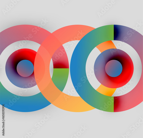 Abstract colorful circles overlap, creating vibrant visual effect. Gradient hues blend smoothly, forming modern design.