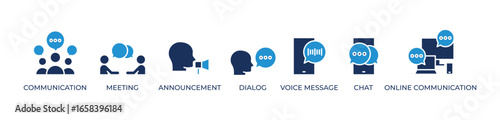 Seamless Communication Icons set vector illustration blue with Communication, Meeting, Announcement, Dialog, Voice message, Chat, Online communication