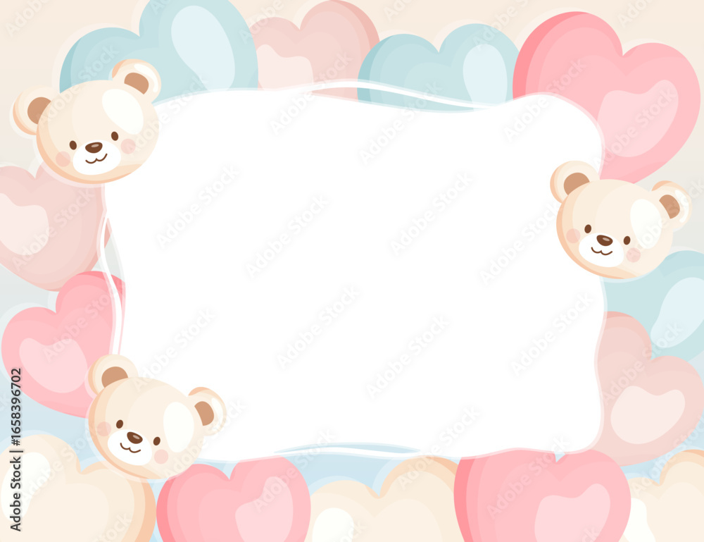 Vector frame with teddy bear faces and heart balloons around edges. Large blank center for text. Suitable for invitations, greeting cards, posters and kids designs Vector frame with teddy bear faces and heart balloons around edges. Large blank center for text. Suitable for invitations, greeting cards, posters and kids designs