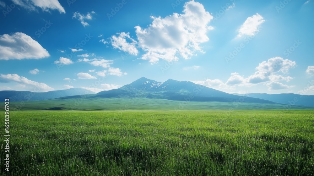 Obraz premium big mountain, green valley, light filtering through the mountains generative ai