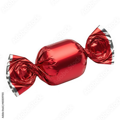 A single red candy wrapped in shiny foil, isolated on a transparent background
