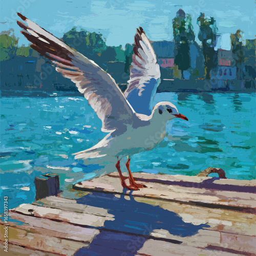 Seagull on Wooden Pier Design Template with Harbor Background Vector Art