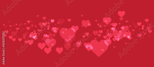 Horizontal band of translucent light-pink hearts scattered across solid red background, layered overlapping love symbol pattern with romantic celebration valentine texture design