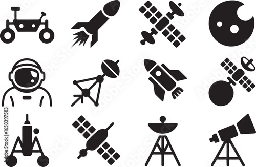 Space Exploration Icons Set Vector Illustration Astronaut Rocket Satellite Rover