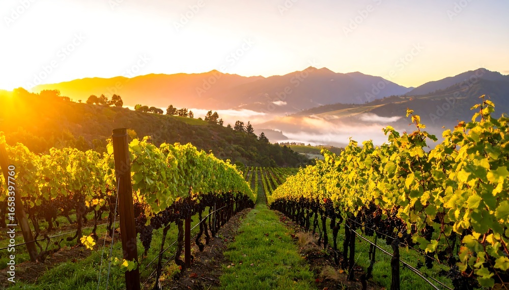 Naklejka premium Vineyard dawn with fog rolls