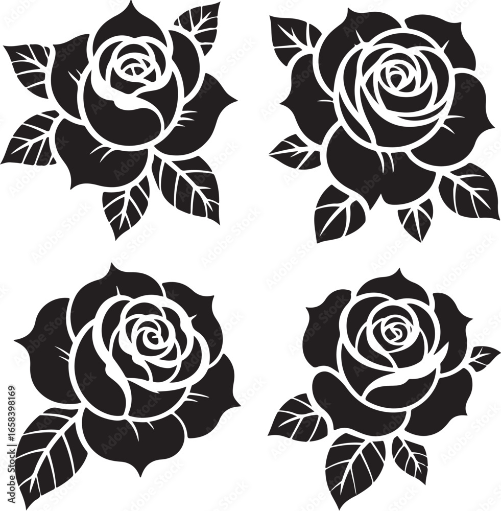 Fototapeta premium Stylish rose icon set minimal floral symbols for web, UI, branding, fashion, tattoos; high-quality black silhouette design
