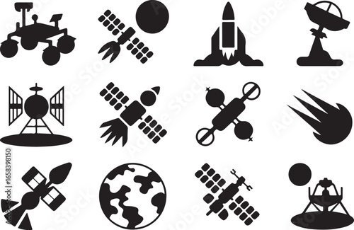 Spacecraft Icons Set Vector Illustration Satellite Rocket Rover Lunar Module