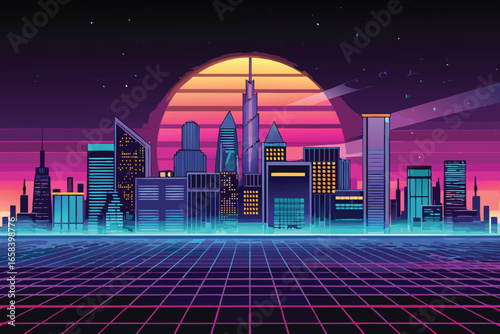 Futuristic metropolis skyline illustration with vibrant sunset and retrowave grid, available with transparency for design