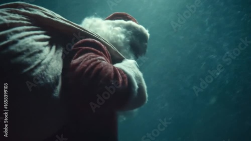 Snowy Santa Low-angle view of a figure in a red suit and white beard, carrying a large sack in a snowstorm. Dark and mysterious