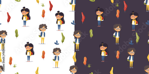 Double seamless pattern showing a schoolboy and schoolgirl with backpacks on light and dark backgrounds, surrounded by colorful autumn leaves, perfect for Back to School designs