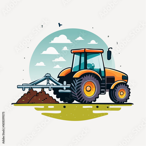Cartoon Tractor Plowing Field Illustration