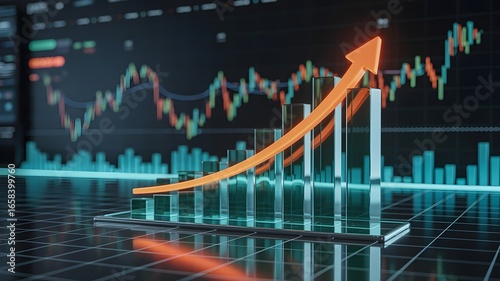 Exponential Growth Bar Chart on Futuristic Financial Dashboard, Teal Bars and Orange Trend Line