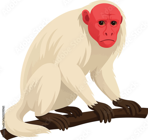 White Uacari (Cacajao calvus) vector illustration with transparent background, Amazon rainforest primate from Brazil, Peru and Colombia