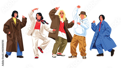 Group of young happy dancing people wear trendy outfit, dancing characters. Dance party, disco