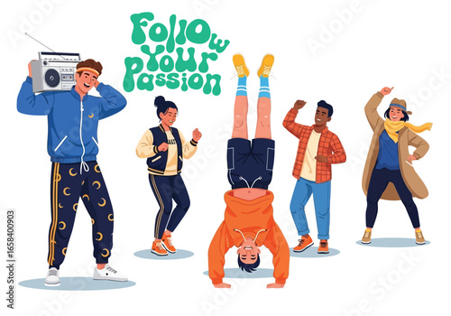 Trendy urban characters performing activities like handstand, skateboarding, cycling, and walking, showcasing modern lifestyle and fashion diversity.
