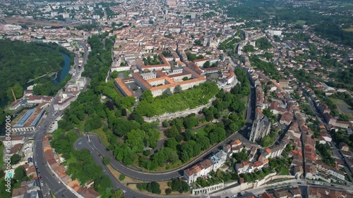 Aerial panorama view around the old town and  around the city  Angoulême in France, on a sunny summer noon